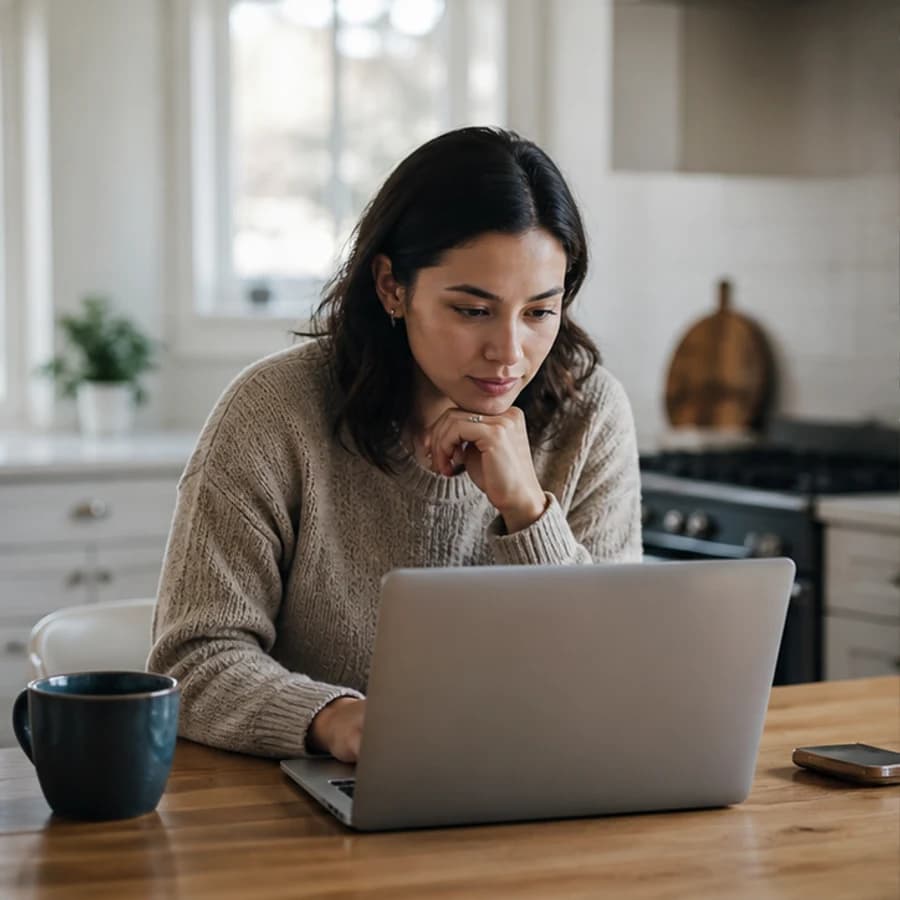 Homebuyer reviewing a purchase plan at a kitchen table