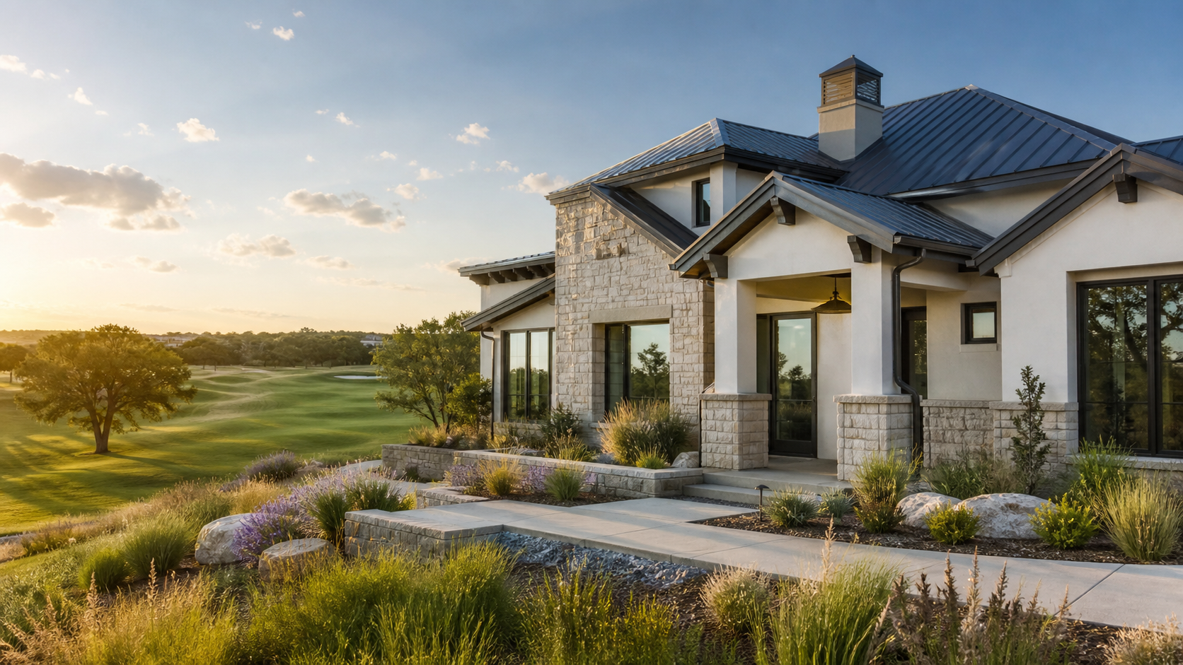 A spacious luxury home beside a landscaped golf course